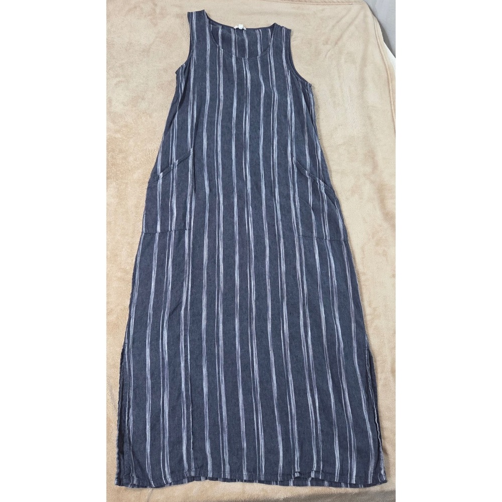 Garnet Hill Blue Striped Linen Chambray Sleeveless Maxi Dress Womens Medium 8